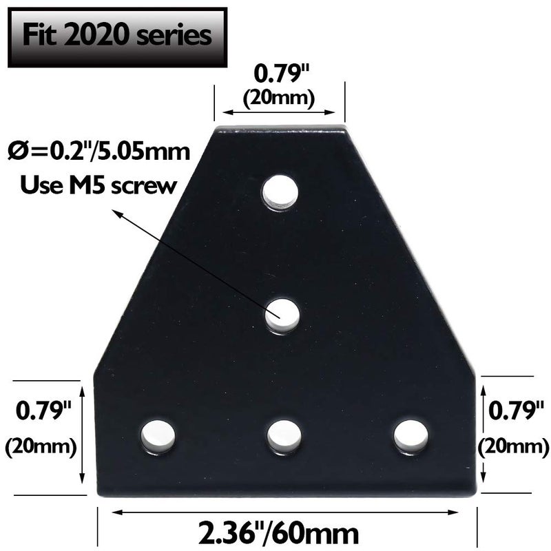 Boeray 10pcs 2020 Series 5 Hole Surface Anodic Oxidation T Shape Plate Outside Corner Bracket Aluminum Profile Connector Set with 50pcs T Nut + 50pcs Hex Screw + 1pcs Wrench Black - Image 2